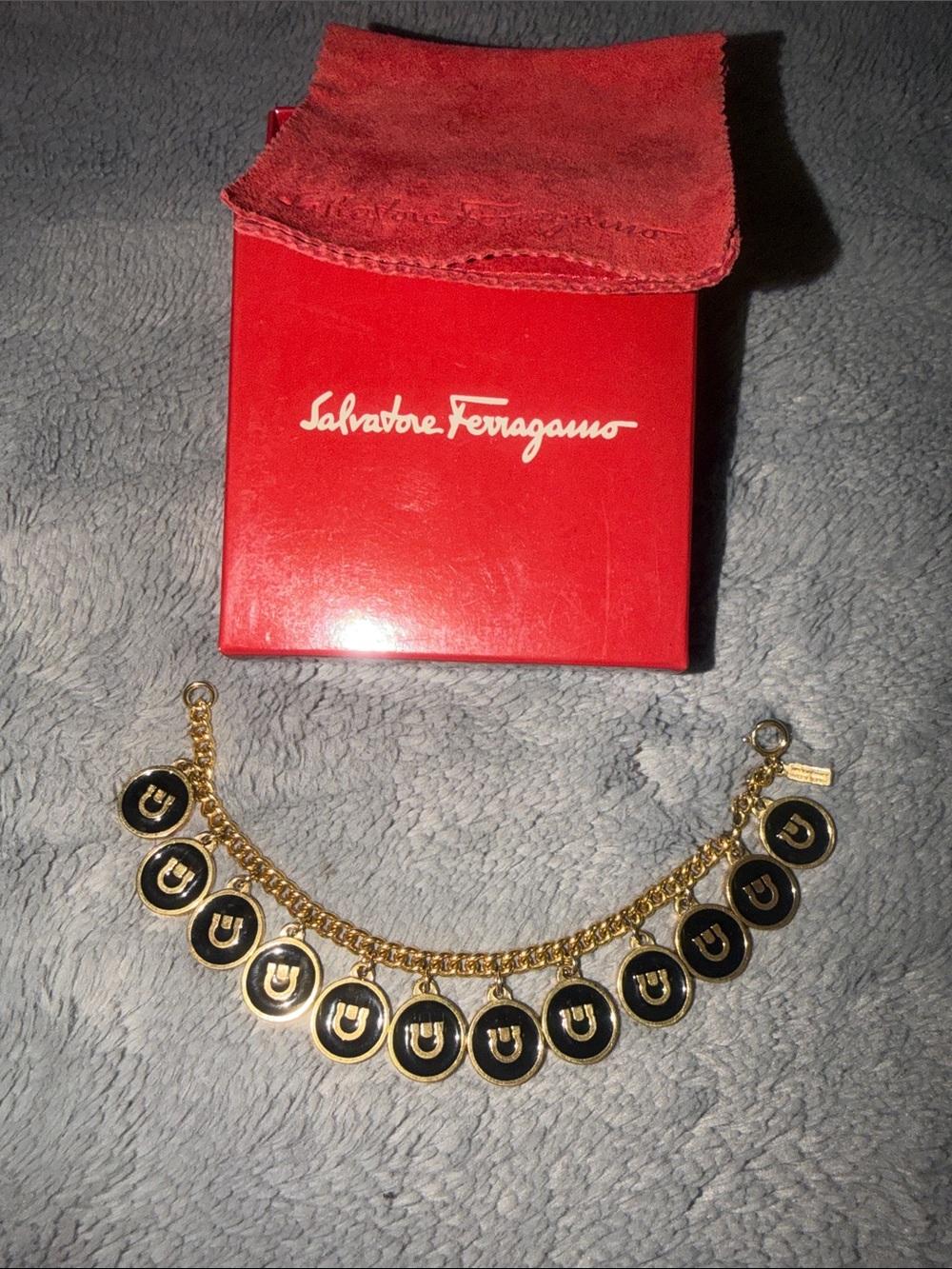 Preloved Salvatore Ferragamo Gold and Black Gancini Disc Charm Bracelet 19cm